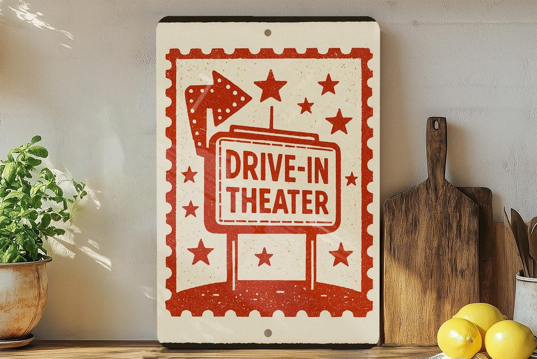 a vintage-style sign that reads "DRIVE-IN THEATER" with a red and white design, placed on a shelf next to a wooden cutting board and some potted plants.