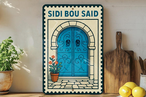 a decorative sign with a blue door and a plant, placed on a wooden surface next to a wooden cutting board and a potted plant.