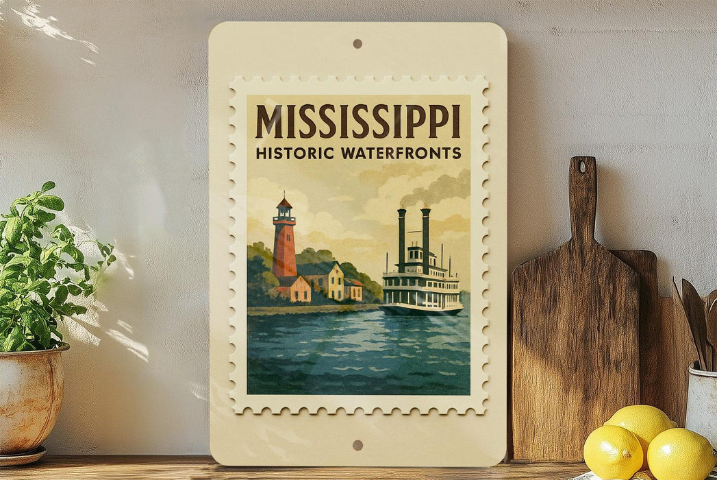 A framed poster of a Mississippi River with a lighthouse and a steamboat, displayed on a shelf next to a wooden cutting board and some lemons.