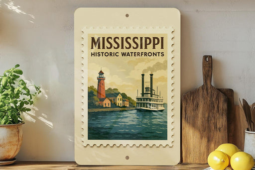 A framed poster of a Mississippi River with a lighthouse and a steamboat, displayed on a shelf next to a wooden cutting board and some lemons.