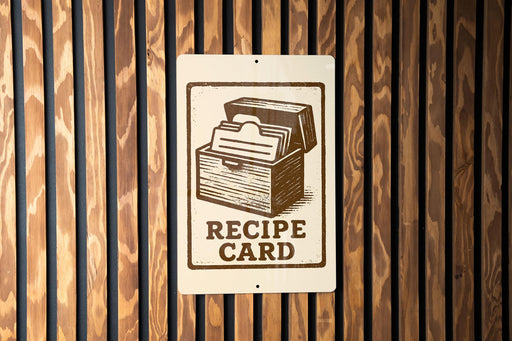 a sign that reads "RECIPE CARD" with an illustration of a recipe book.