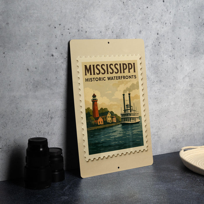 A framed poster of the Mississippi River with a lighthouse and a steamboat, sitting on a countertop next to some black camera lenses.