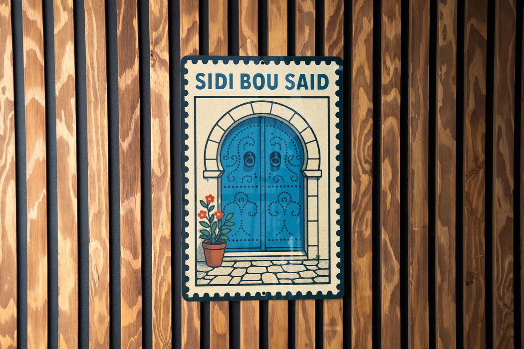 a blue door with a potted plant on the steps, and there is a sign above it that says "SIDI BOU SAID".