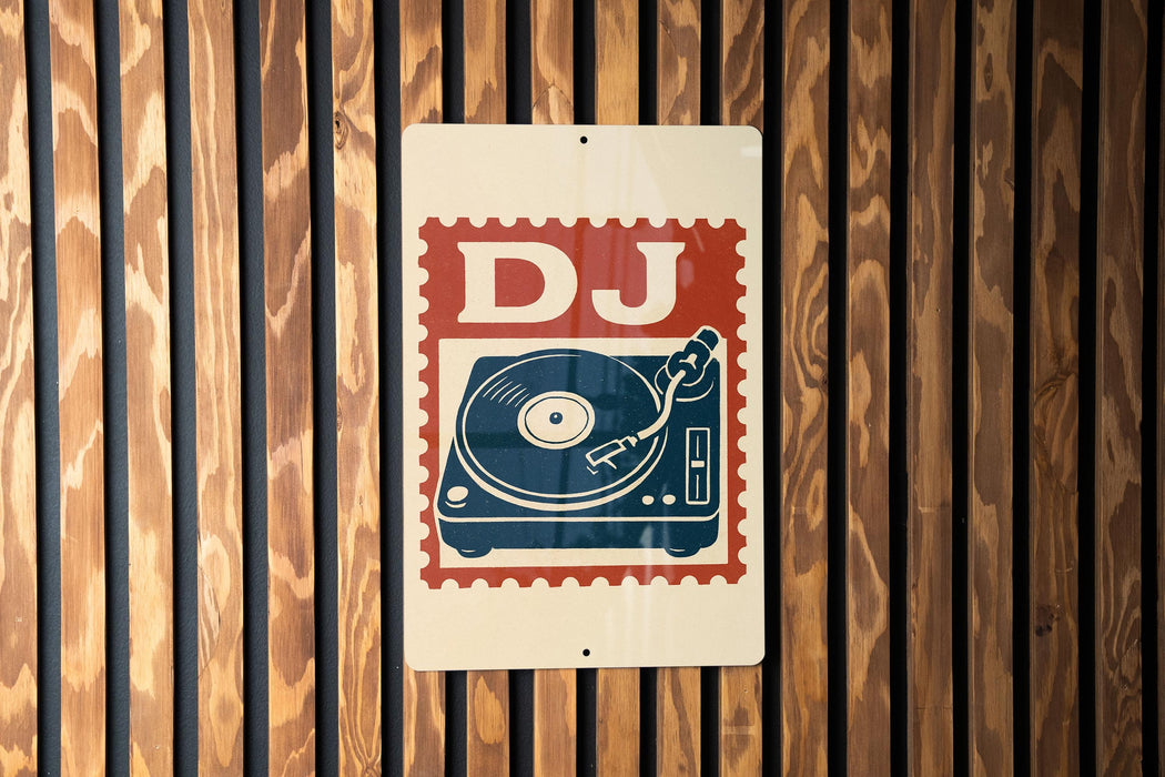 A sign with a stylized DJ turntable and the letters "DJ" is displayed on a wooden wall.