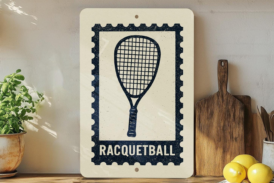 a racquetball sign on a shelf, surrounded by kitchen utensils and a potted plant.