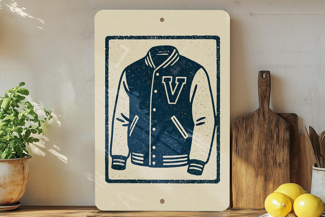a framed illustration of a varsity jacket with a white and blue design, placed on a shelf next to a wooden cutting board and a potted plant.