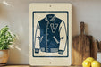 a framed illustration of a varsity jacket with a white and blue design, placed on a shelf next to a wooden cutting board and a potted plant.