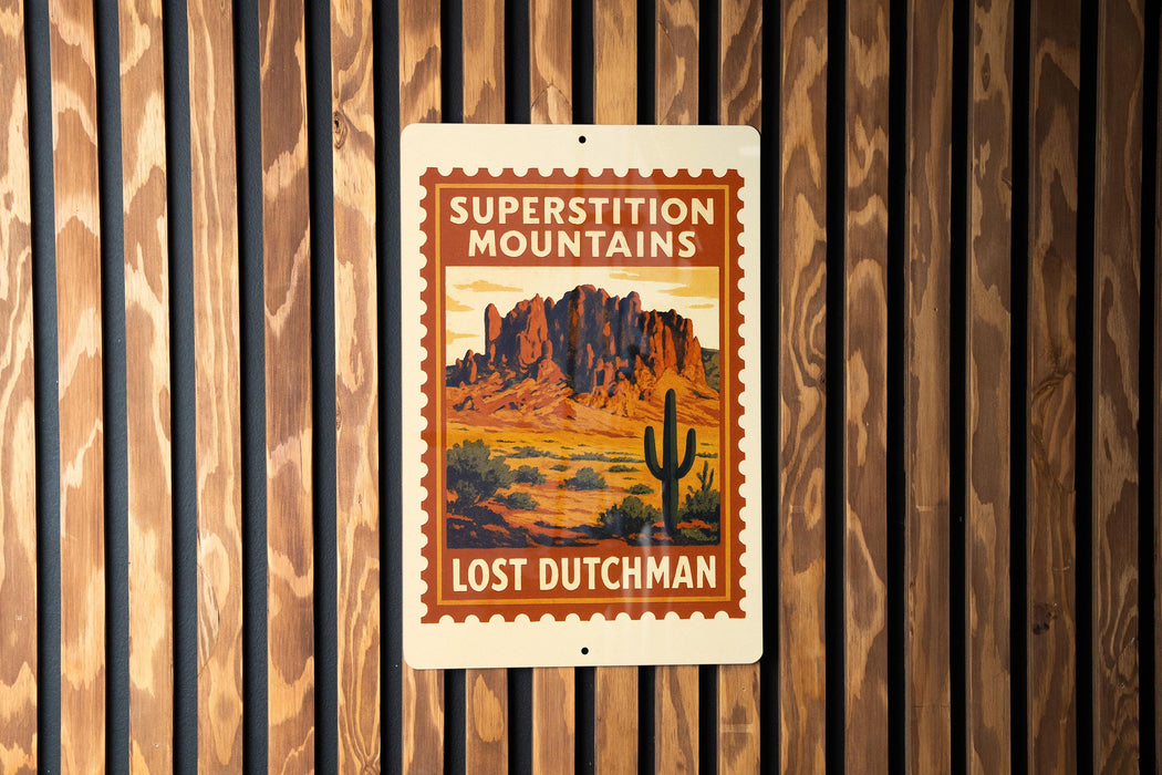 A sign for "Superstition Mountains Lost Dutchman" is displayed on a wooden wall.