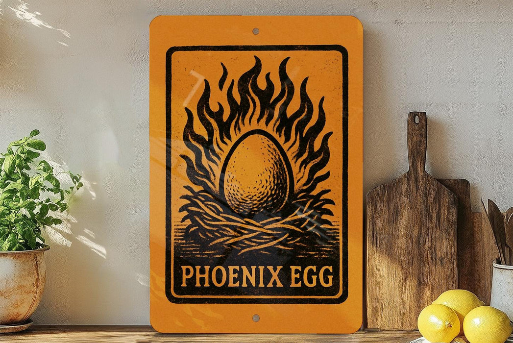 a sign with the text "PHOENIX EGG" and an illustration of a flaming egg, placed on a shelf next to a wooden cutting board and a potted plant.