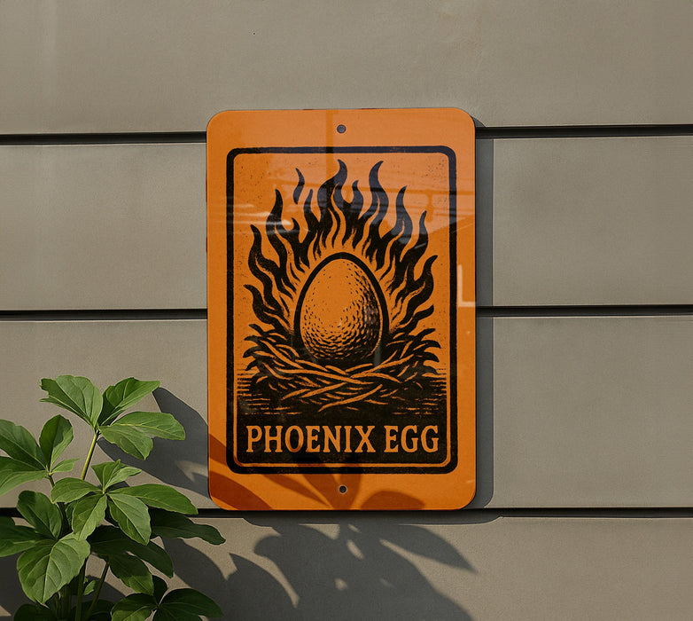 an orange sign with a black and white illustration of a Phoenix egg, surrounded by flames, mounted on a gray wall.