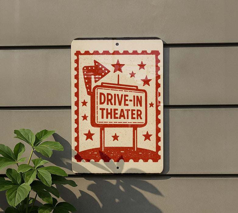 a sign that reads "DRIVE-IN THEATER" with a red and white design, mounted on a wall next to a plant.