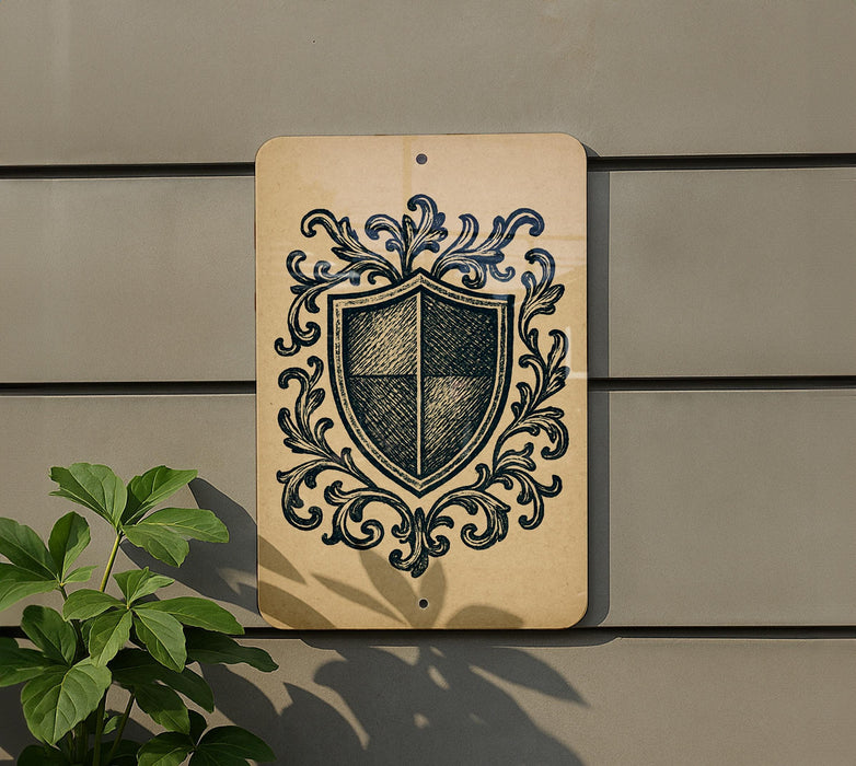 a shield-shaped sign with an ornate design, mounted on a wall next to a plant.