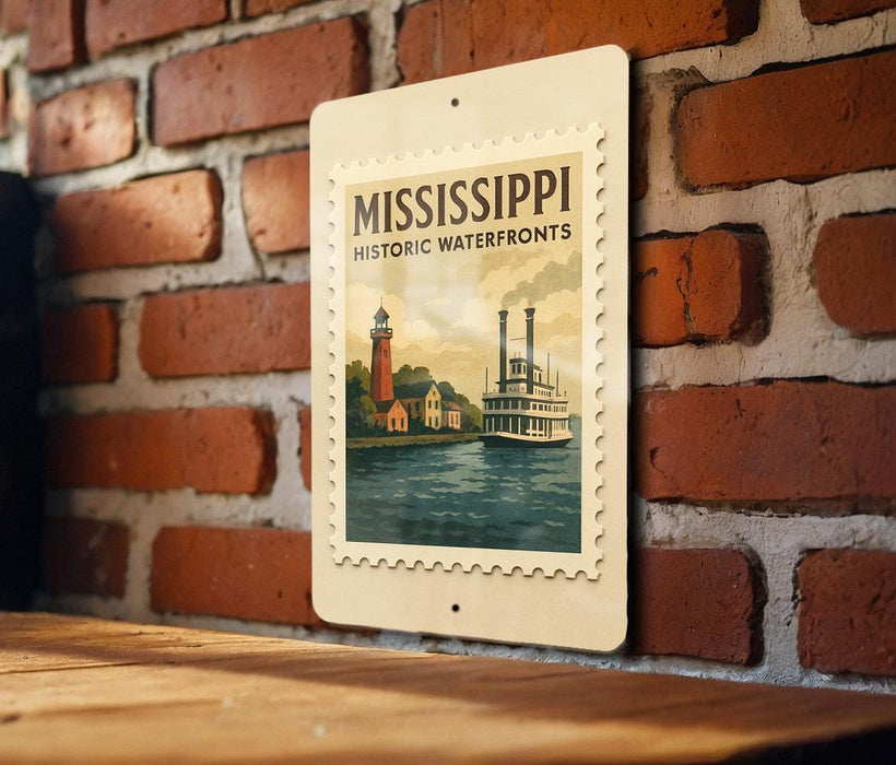 A framed poster of a Mississippi Riverfront scene hangs on a brick wall, featuring a steamboat and lighthouse.