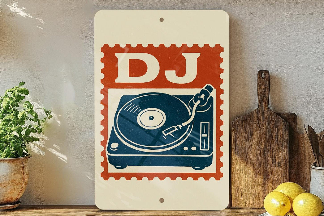 a vintage-style sign with a DJ turntable design, placed on a wooden surface next to a potted plant and a wooden cutting board.