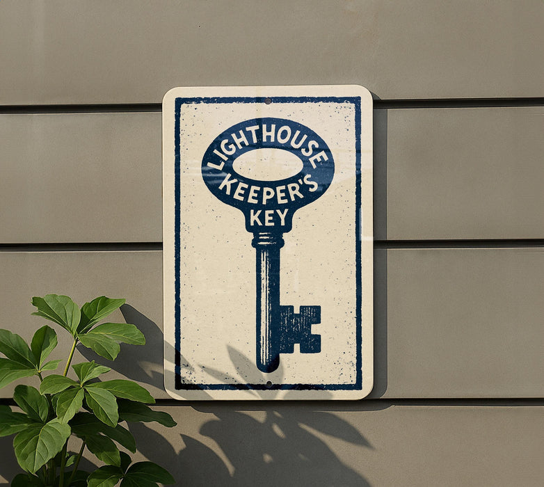 A sign with the text "Lighthouse Keeper's Key" is displayed on a wall, with a plant visible to the left of the sign.