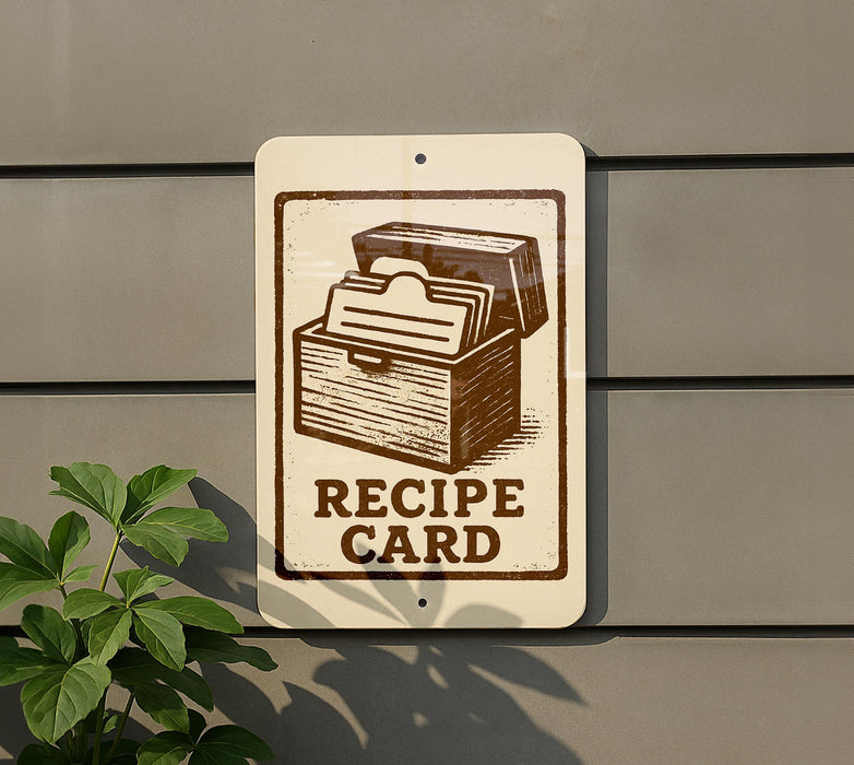 a sign that reads "RECIPE CARD" with a graphic of a recipe book.