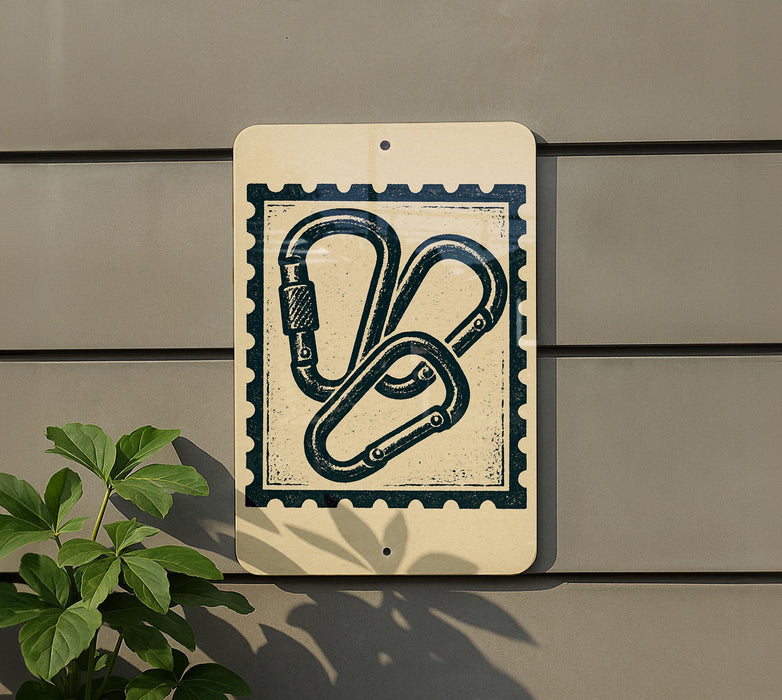 a sign with a graphic design of three metal rings or chains, mounted on a wall.