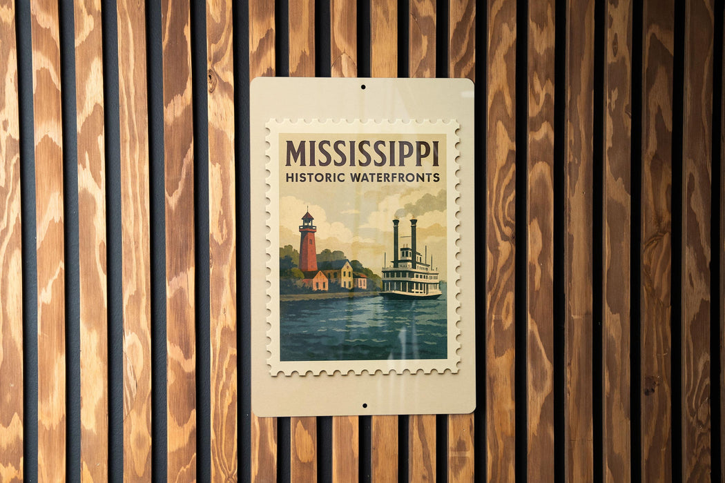 A framed poster of a Mississippi historic waterfront, featuring a steamboat and lighthouse, is displayed on a wooden wall.