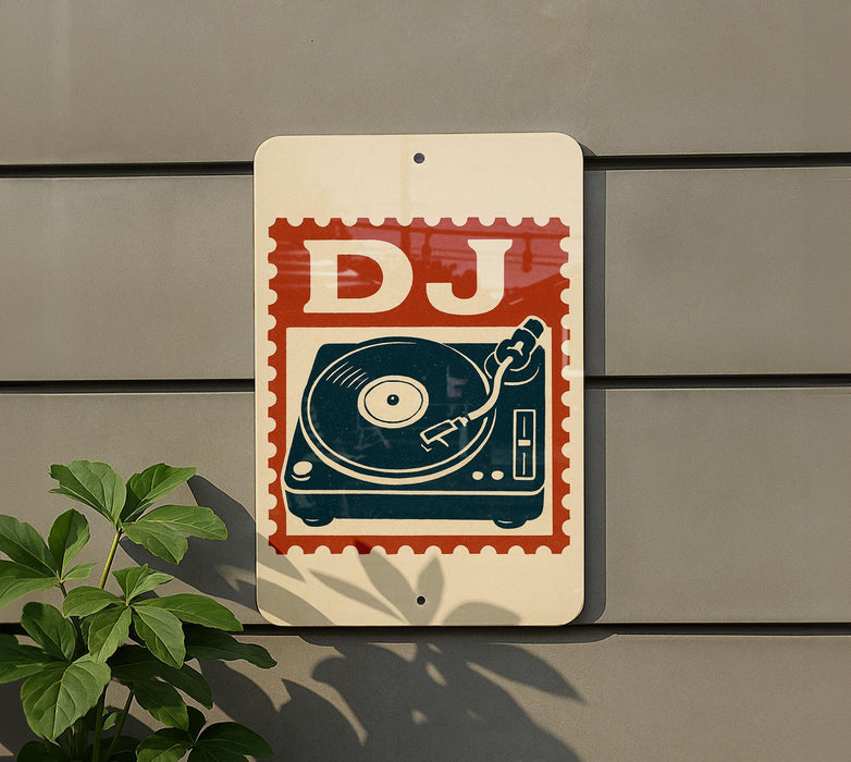 A sign with a stylized DJ turntable and the letters "DJ" is displayed on a wall, with a plant visible to the left.
