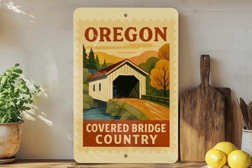 a vintage-style sign for the "Covered Bridge Country" in Oregon, with a wooden bridge and a scenic landscape in the background.