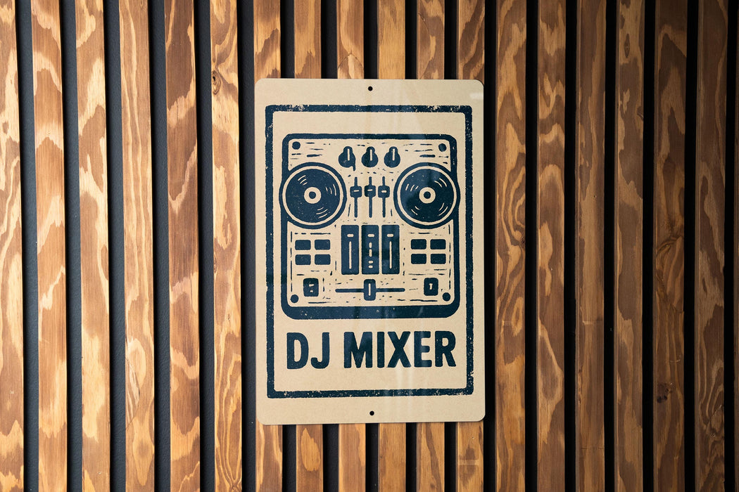 A sign for a DJ mixer is displayed on a wooden wall.