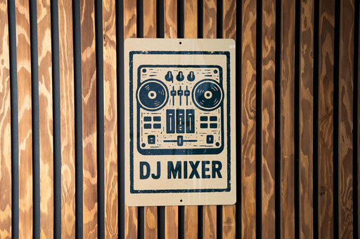 A sign for a DJ mixer is displayed on a wooden wall.