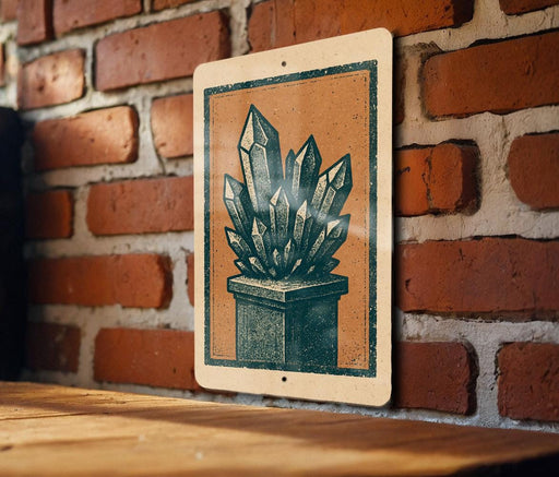 a sign with a drawing of a crystal formation on a brick wall.
