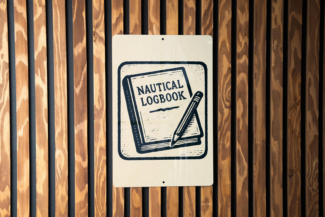 A sign with the text "NATIONAL LOGBOOK" and an illustration of a book and pencil is displayed on a wooden wall.