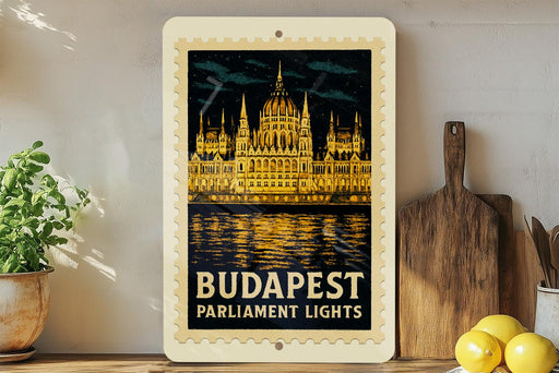 A framed vintage poster of the Hungarian Parliament Lights in Budapest, featuring the iconic Buda Castle and the River Danube.