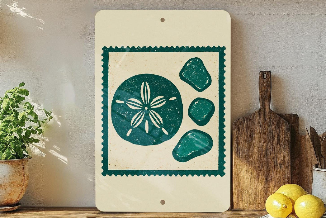 a framed artwork depicting a seashell with a flower design, placed on a shelf next to a wooden cutting board and a potted plant.