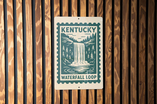 A sign for Kentucky Waterfall Loop is displayed on a wooden wall.