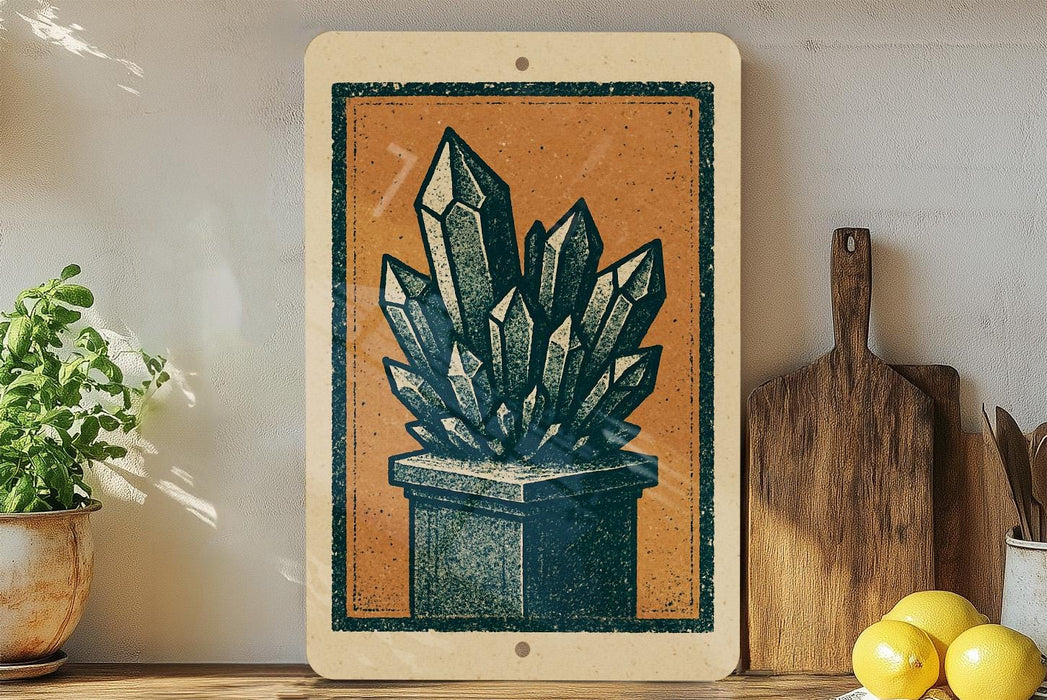 a wooden shelf with a framed illustration of a crystal formation, a potted plant, and a wooden cutting board.