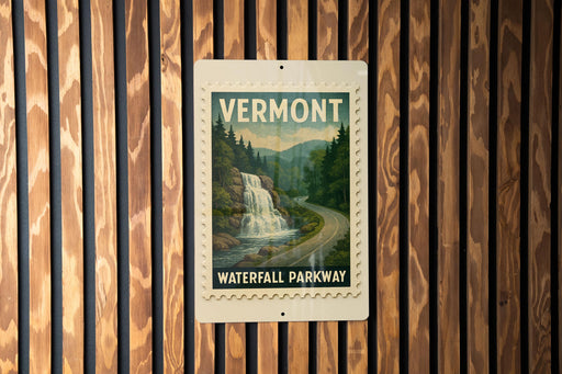 A vintage postage stamp depicting a waterfall in Vermont, with the words "Waterfall Parkway" printed below it.