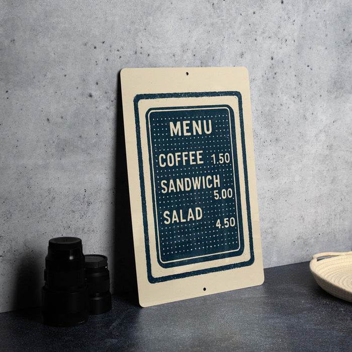 A menu sign for a restaurant, displaying the prices and items available for customers.