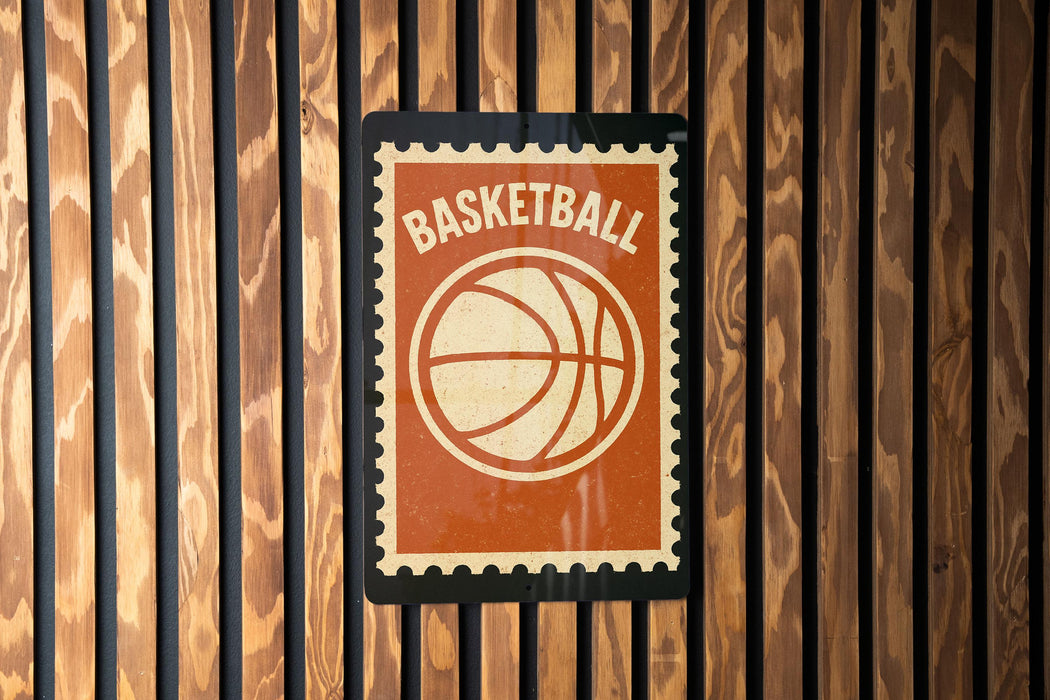 A basketball-themed sign is displayed on a wooden wall.