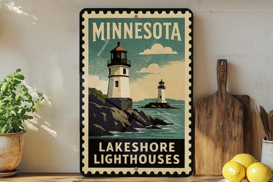 A vintage-style metal sign for the Minnesota Lakeshore Lighthouses, featuring a lighthouse and a rocky coastline with water.