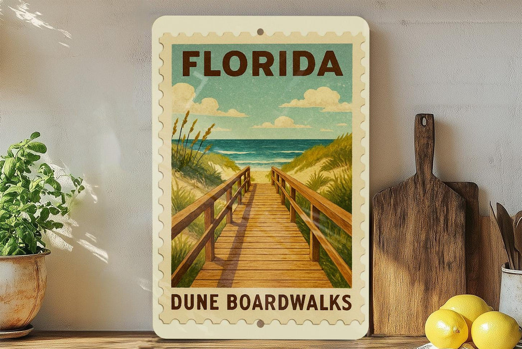 A framed poster of a wooden boardwalk leading to the beach, with the text "FLORIDA DUNE BOARDWALKS" printed on it. The poster is displayed on a wall, with a potted plant, a cutting board, and some lemons visible in the foreground.