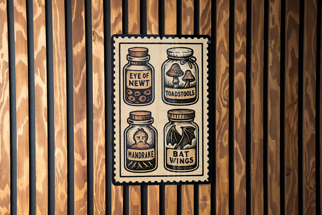 A framed illustration of four jars containing different items, including a mushroom, a bat, a bird, and a bird's head, against a wooden background.