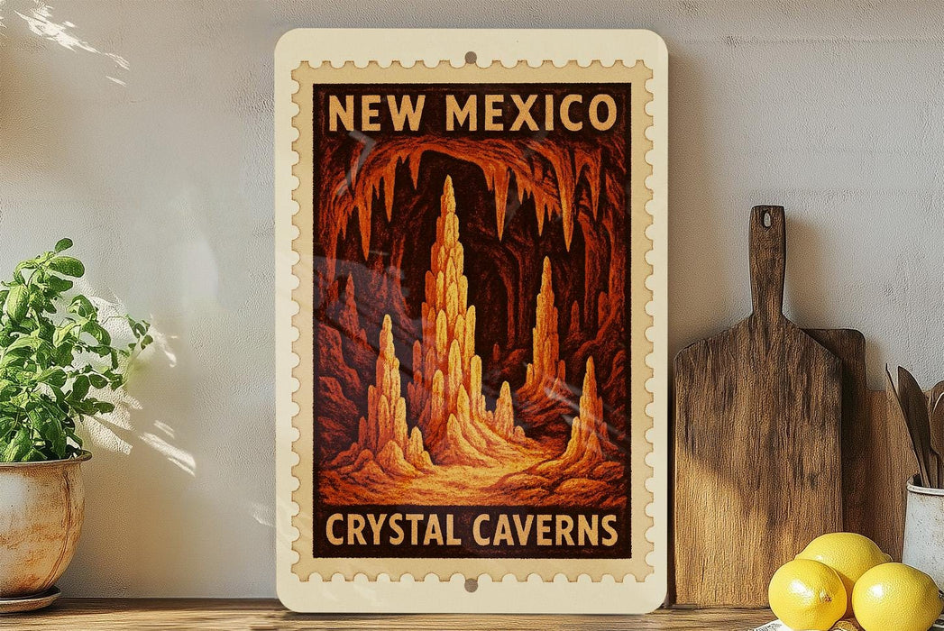 A framed poster of the Crystal Caves in New Mexico, featuring an illustration of the cave system with tall, orange rock formations.