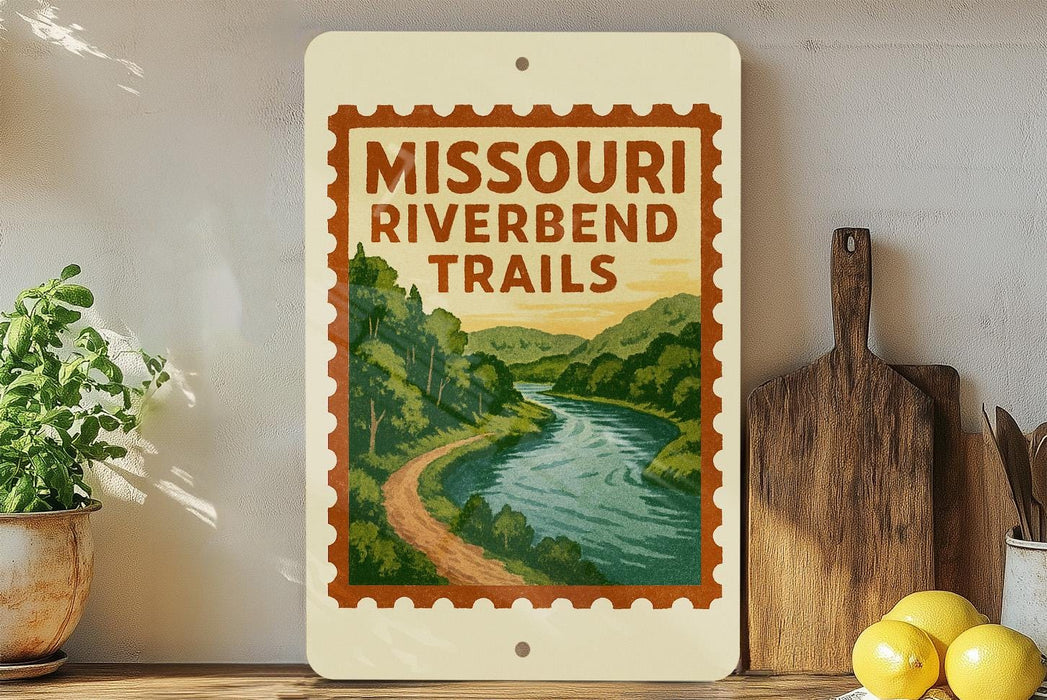 A framed poster of the Missouri River Bend Trail, featuring a scenic illustration of a winding river surrounded by lush greenery.