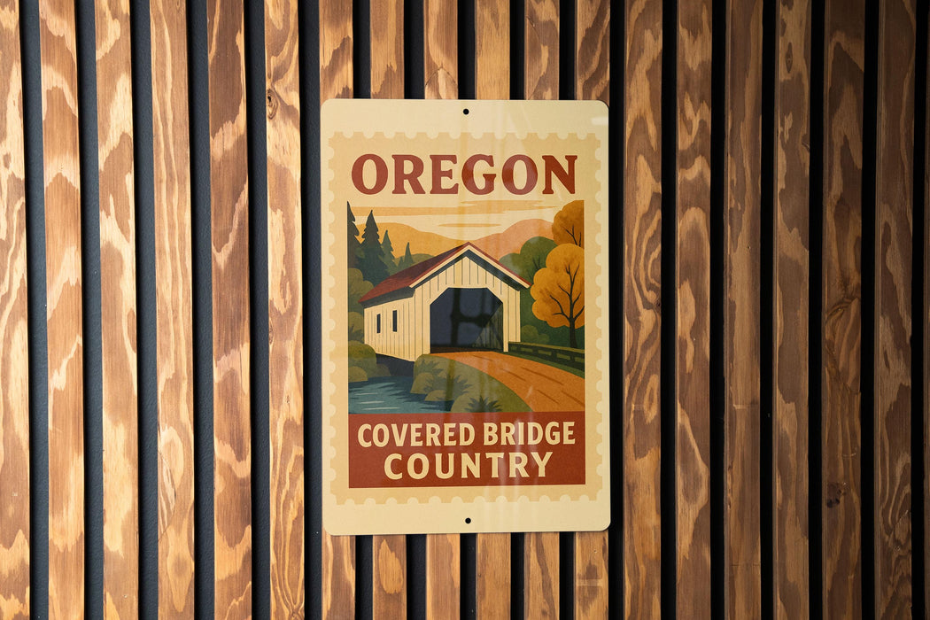 a sign for the Covered Bridge Country, which is located in Oregon.