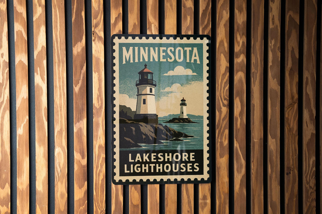 A Minnesota-themed poster featuring a lighthouse and the text "Lakeshare Lighthouses" is displayed on a wooden wall.