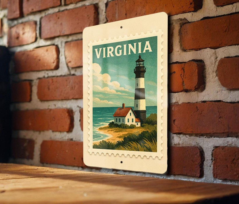 A vintage-style postage stamp depicting a lighthouse on a brick wall, with the word "VIRGINIA" written on it.