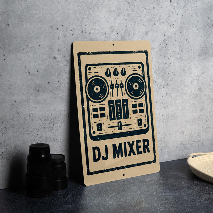 A sign for a DJ mixer is displayed on a table, with a stack of black camera lenses and a woven basket nearby.