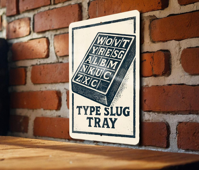 A sign with the text "Type Slug Tray" is displayed on a brick wall, indicating a product or service related to slugs and trays.
