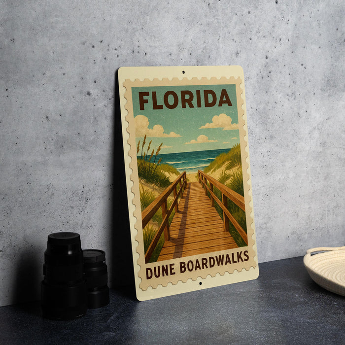 A metal sign with a beach scene and a wooden walkway, featuring the text "FLORIDA DUNE BOARDWALKS" and a stamp-like border.