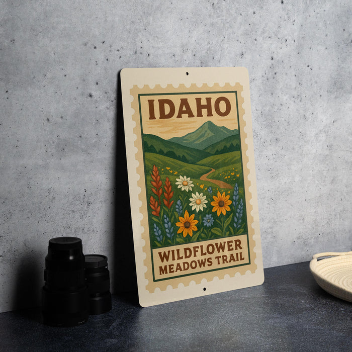A sign for the Idaho Wildflower Meadows Trail is displayed on a table, featuring a scenic illustration of a meadow with wildflowers and mountains in the background.