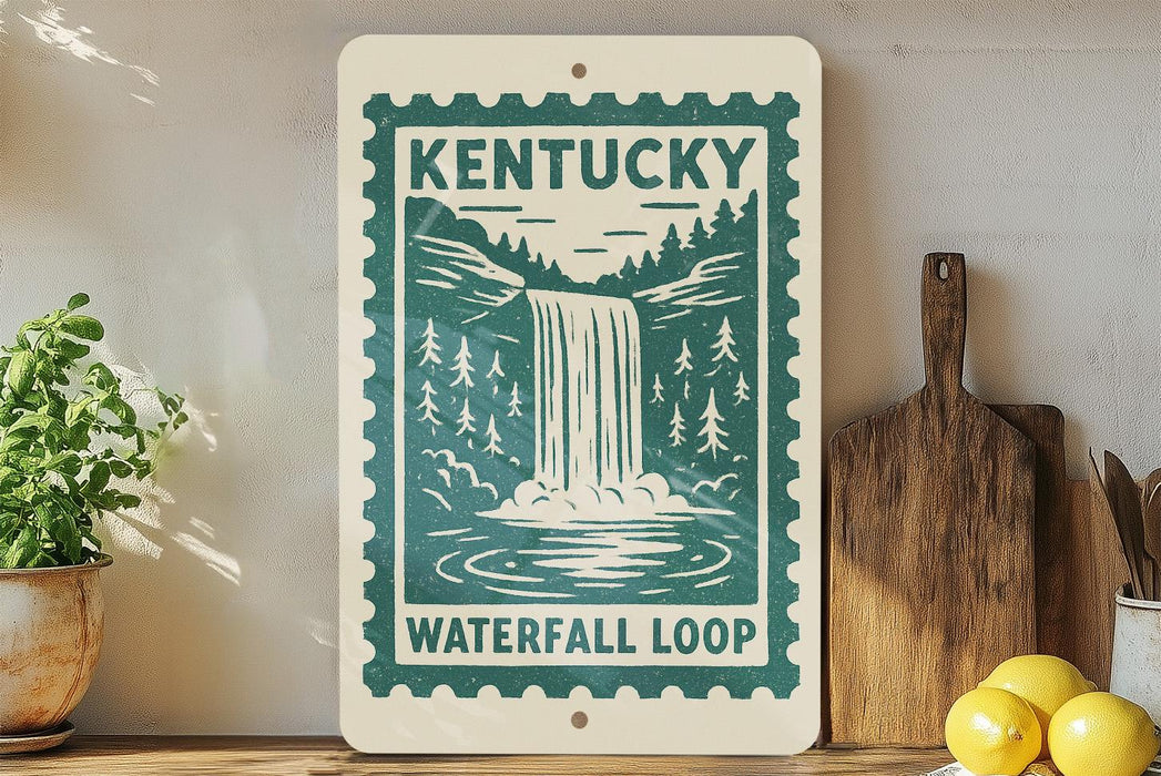 A sign for Kentucky's Waterfall Loop hangs on a wall, surrounded by kitchen utensils and a potted plant.