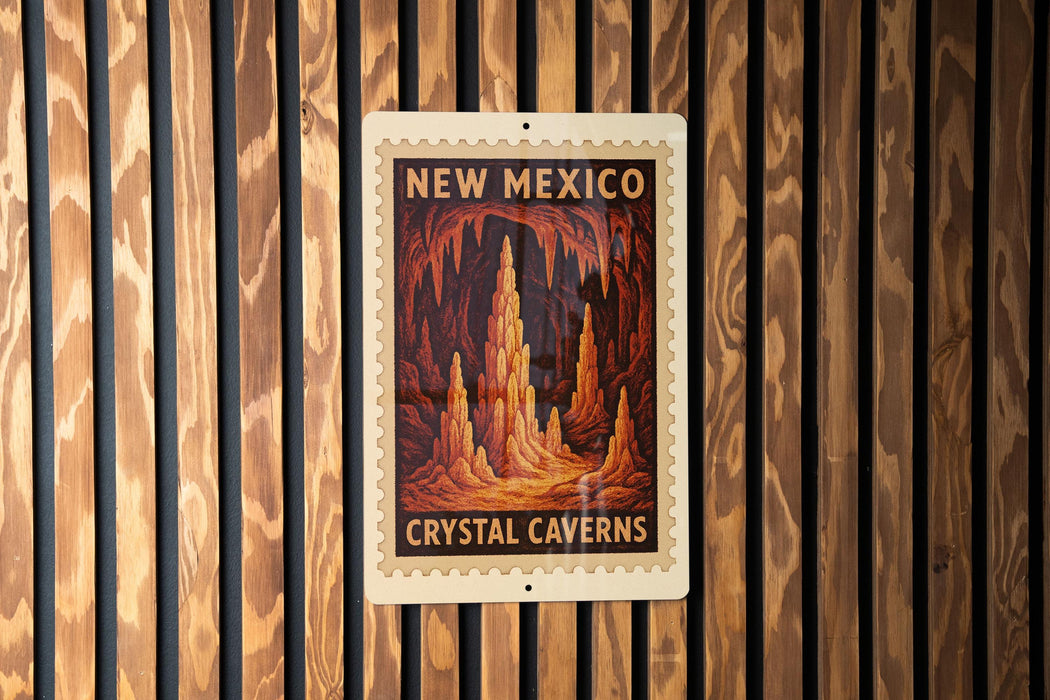 A sign for the Crystal Caves in New Mexico, featuring an illustration of the cave system.