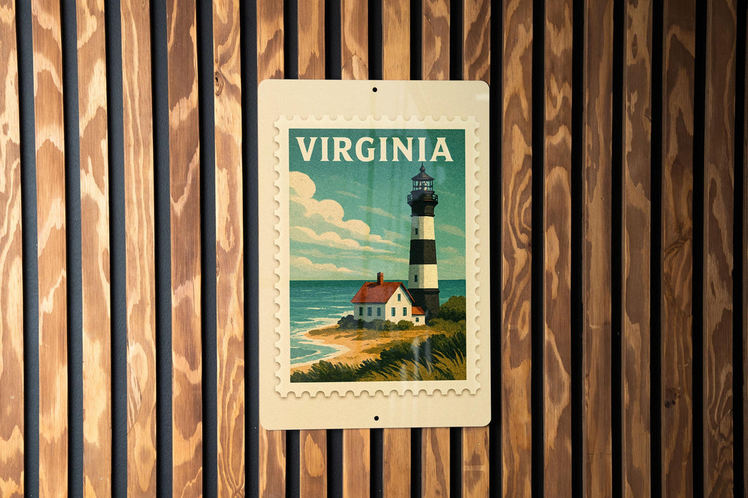A vintage-style postage stamp depicting a lighthouse on a beach, with the word "VIRGINIA" printed on it.